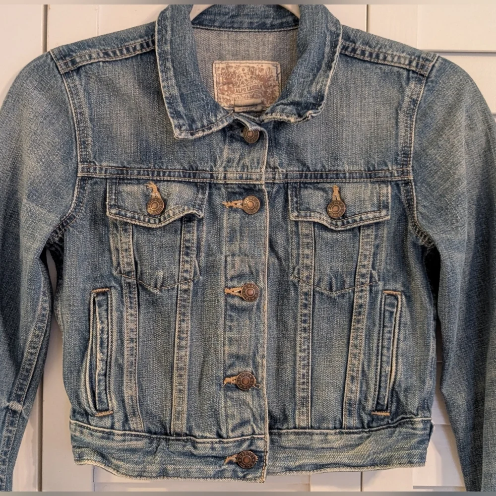 Ralph Lauren Girls Blue Denim Cropped Jean Jacket Patchwork Distressed